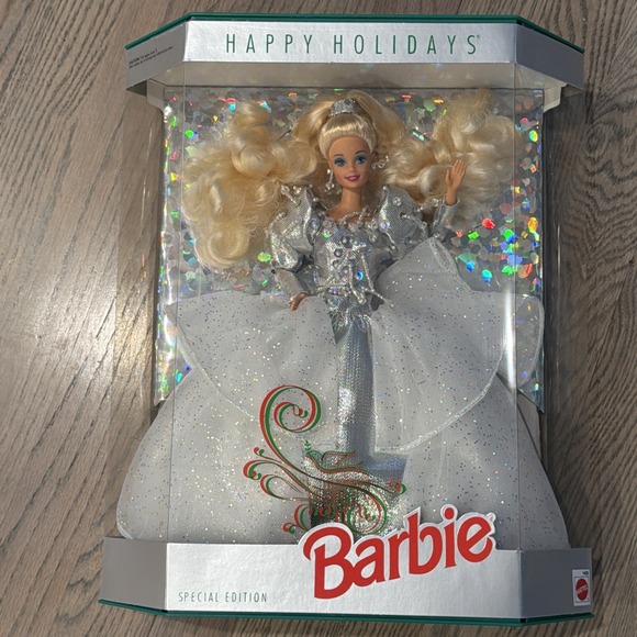 1992 Happy Holidays Barbie Doll Mattel Special Edition Silver & White Dress  1429